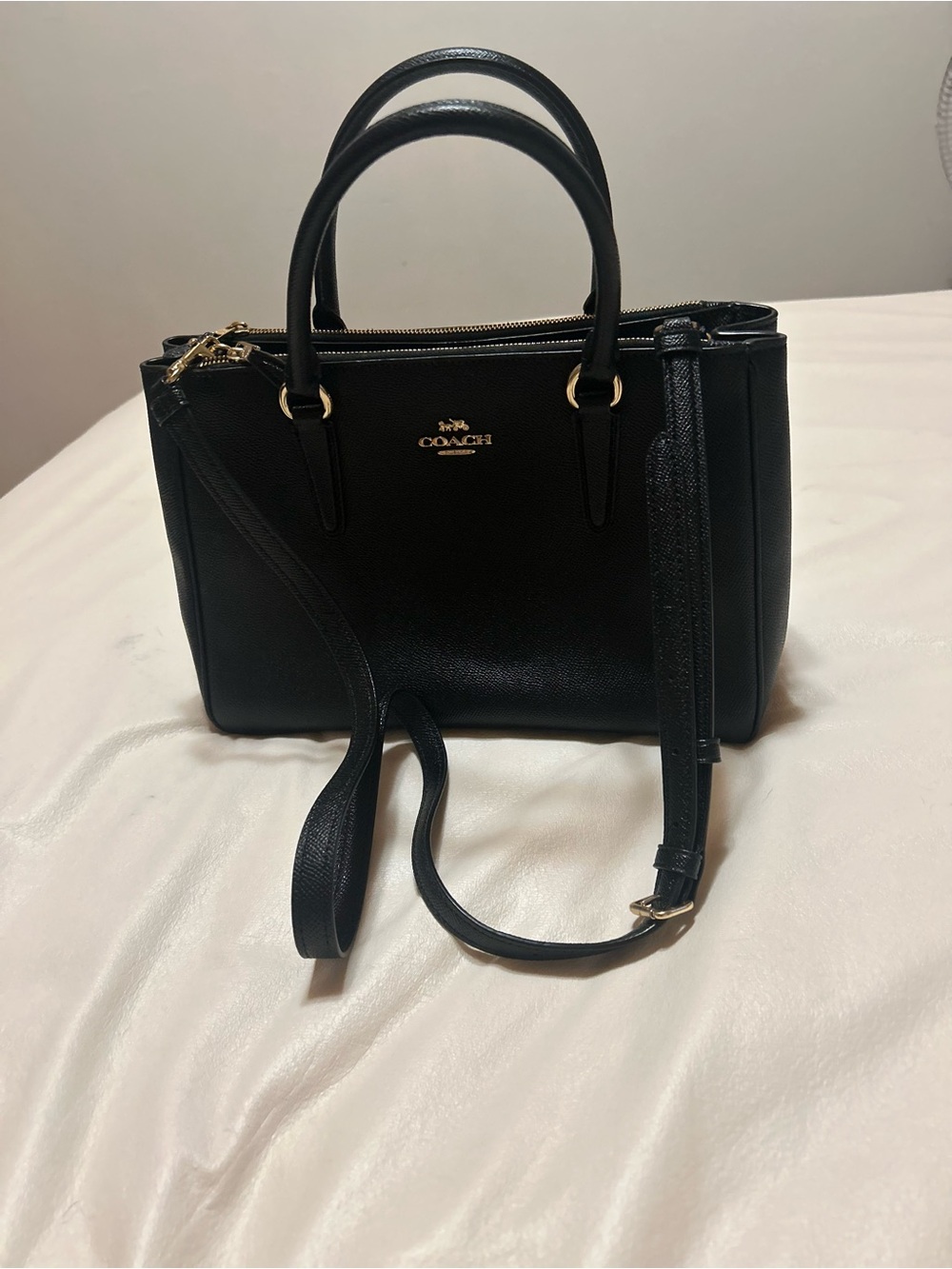 Coach Black Leather Double-Compartment Satchel with Gold Hardware